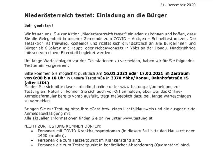 Informationsschreiben zu Testung im Jänner 2021, Muster